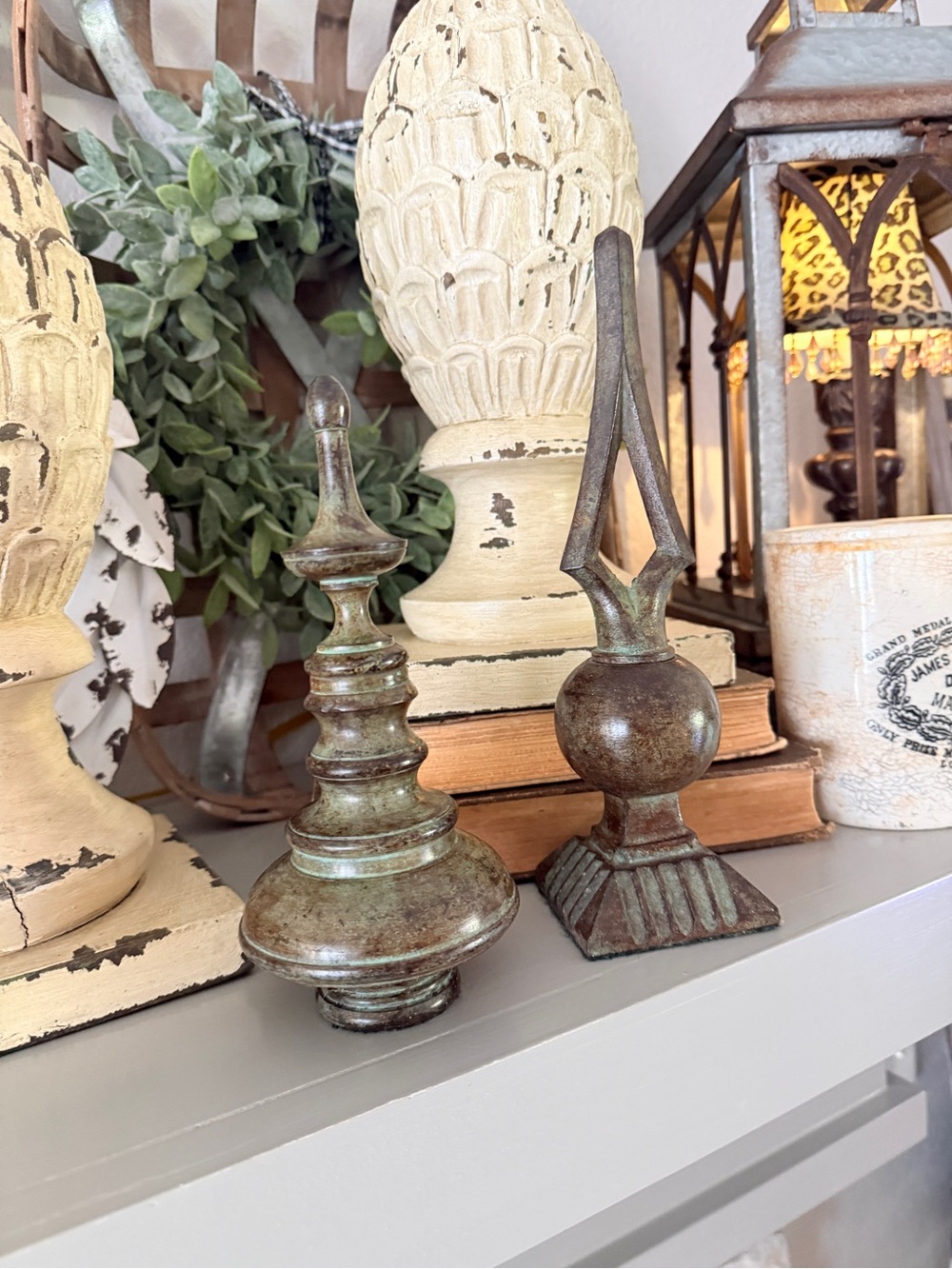Vintage Bronze-Green Decorative Finial Pair Heavy Sculptural Mantel Accents - Picture 6 of 15